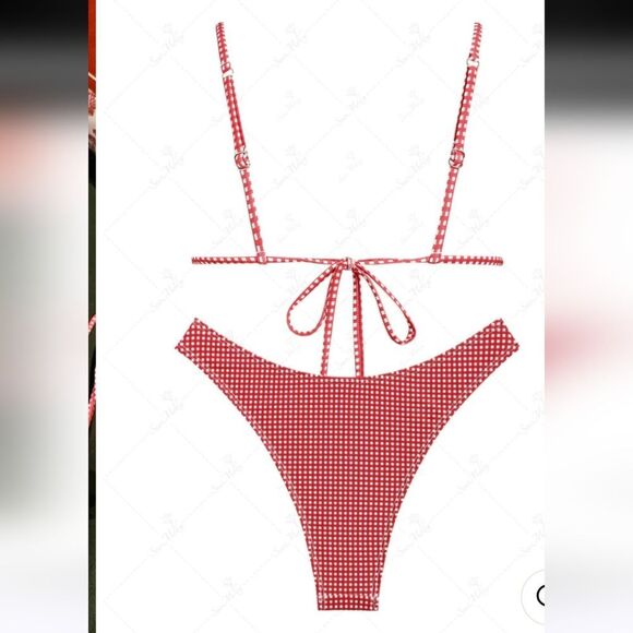 Seamoly Red / White Gingham Bow Decor Triangle Bikini Set sz L - Picture 11 of 13